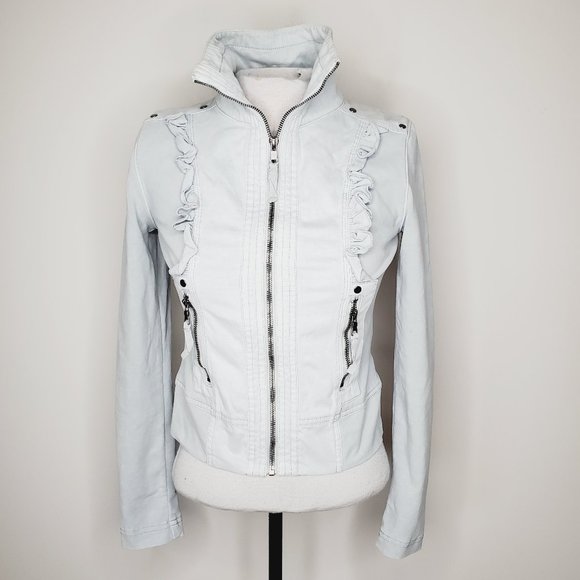 ANTHRO MARRAKECH Blue Ruffle Boho Moto Jacket - Picture 2 of 9